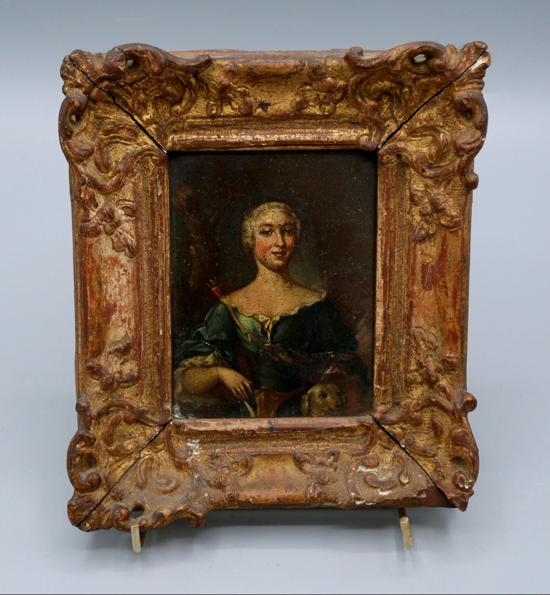 Portrait d'une femme en Diane Chasseresse, Artémis, chien, allégorie de la chasse, Huile Sur Cuivre, XVIIème Siècle