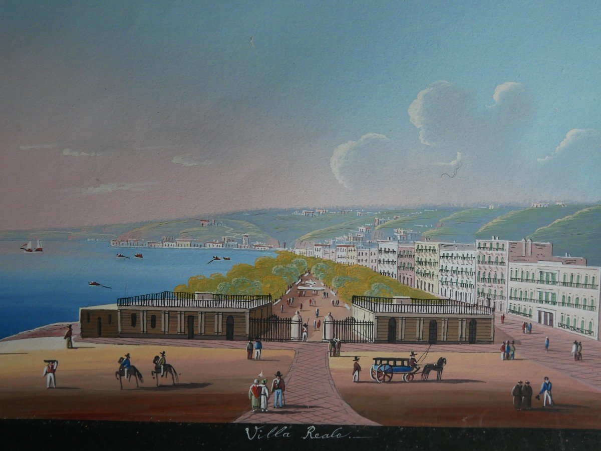 Neapolitan Gouache, Villa Reale, Bay Of Naples, 19th Century-photo-3