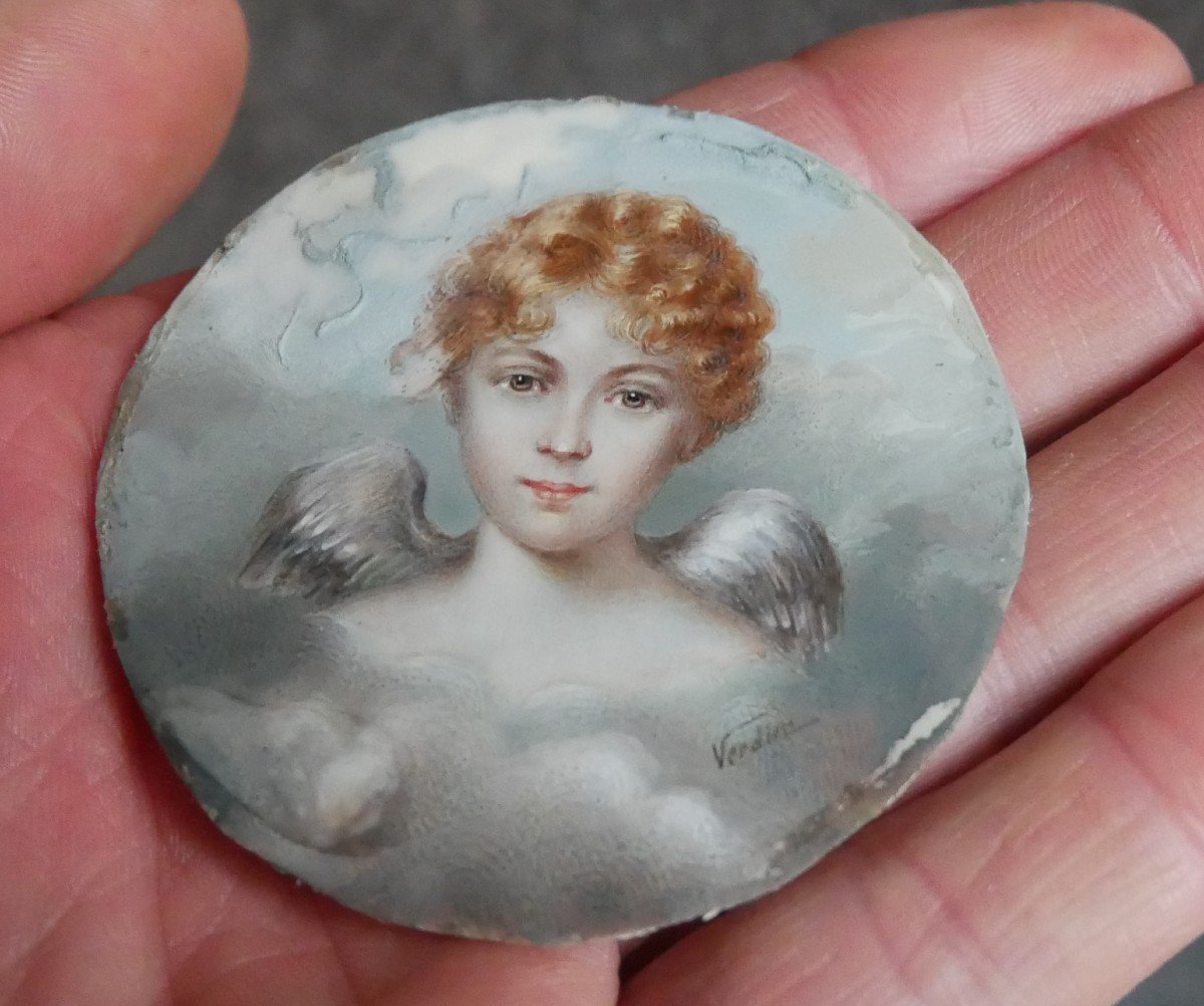 Miniature Portrait, Cherub, Magnifying Glass Box, Signed Verdier, 19th Century-photo-1