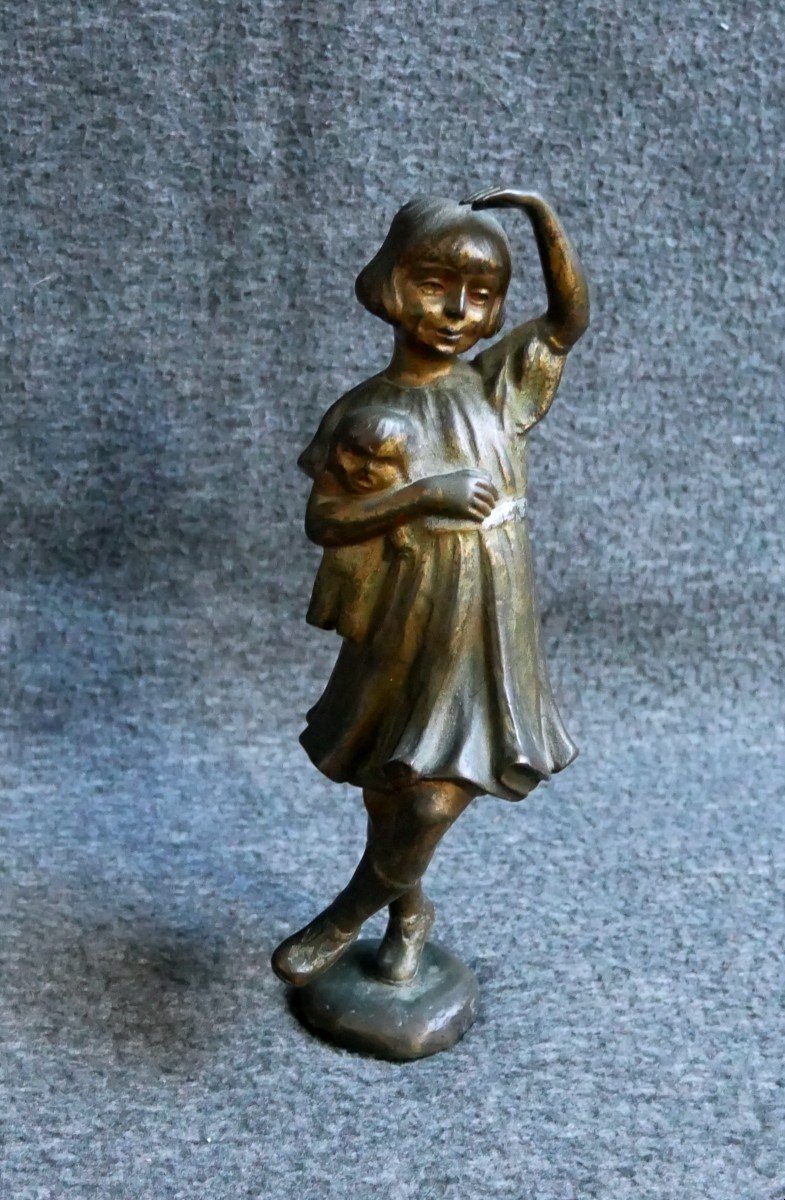Louis Fontinelle, Sculpture En Bronze, Fillette à La Poupée, Mascotte, Art Déco, 1930