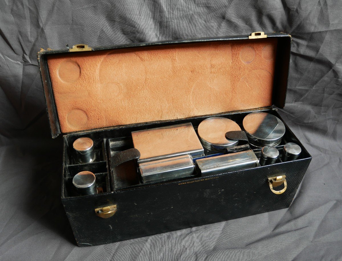 Gustave Keller, Travel Kit, Leather Briefcase And Accessories, Silver Minerva, 1900-photo-4