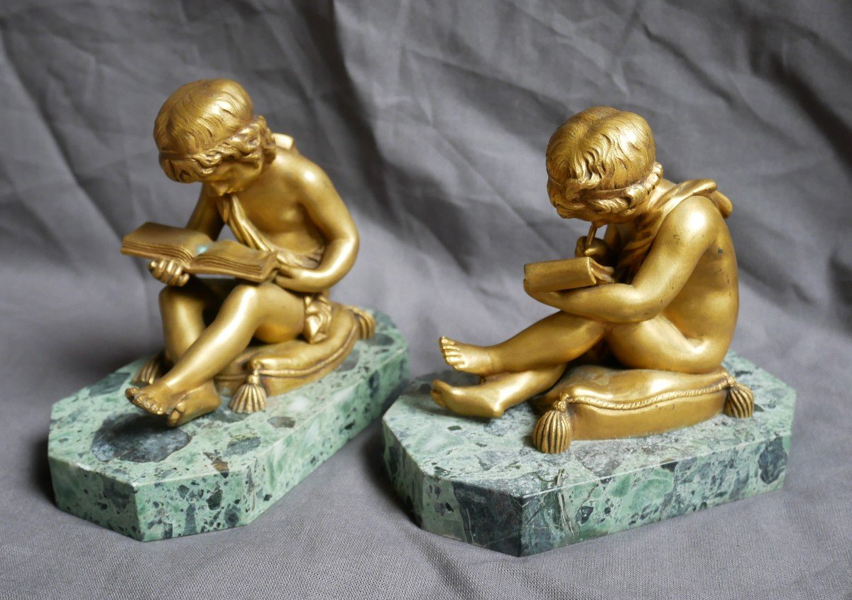 Charles Gabriel Sauvage, Dit Lemire, Paire De Bronze Doré, Enfants Lisant Et Dessinant, XIXème-photo-2