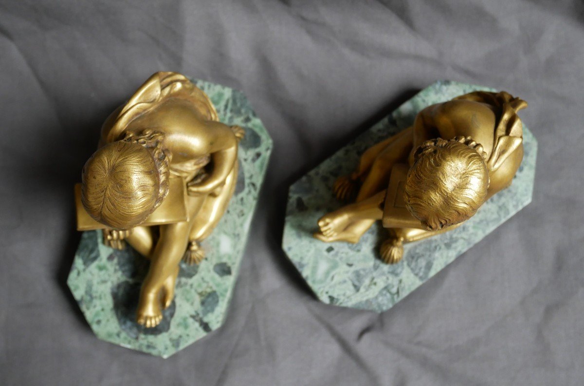 Charles Gabriel Sauvage, Dit Lemire, Pair Of Gilt Bronze, Children Reading And Drawing, 19th Century-photo-3