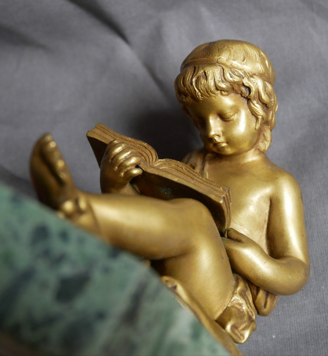 Charles Gabriel Sauvage, Dit Lemire, Paire De Bronze Doré, Enfants Lisant Et Dessinant, XIXème-photo-3