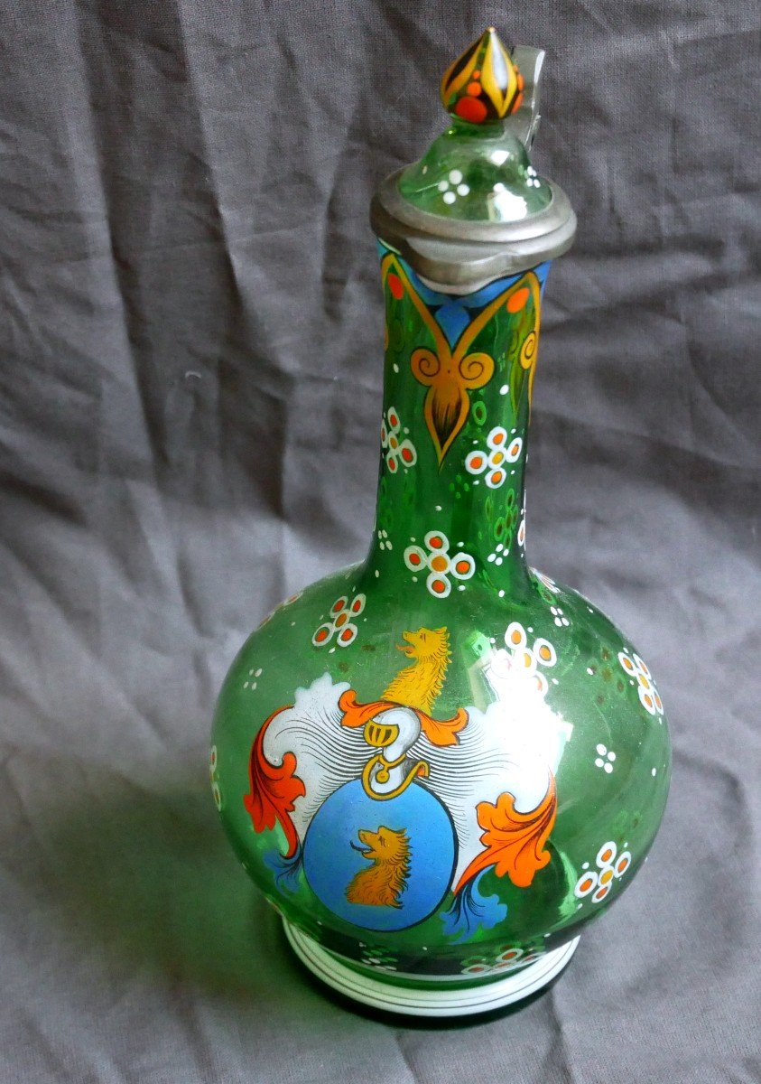 Enameled Glass Wine Decanter, Coat Of Arms Decor, Germany, 19th Century