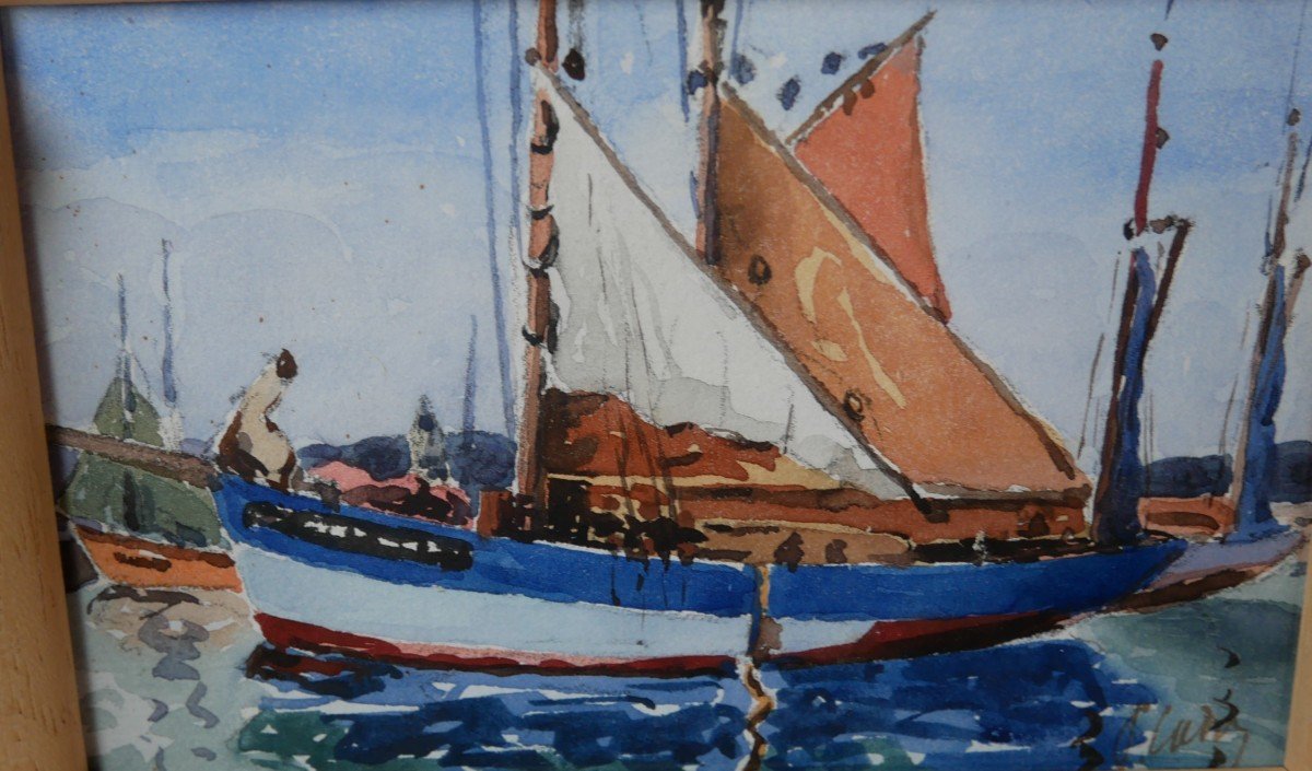 Marine, Portrait Of Fishing Boat, Watercolor On Paper, Brittany, 1900-photo-2