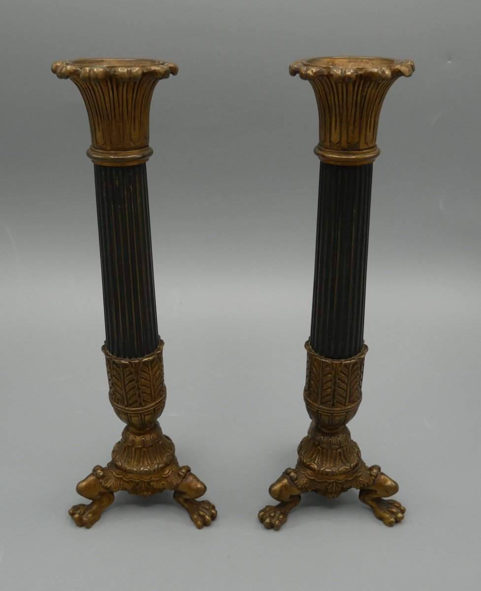 Pair Of Bronze Candlesticks With Two Patinas, Columns, Charles X, Empire, 19th Century-photo-2