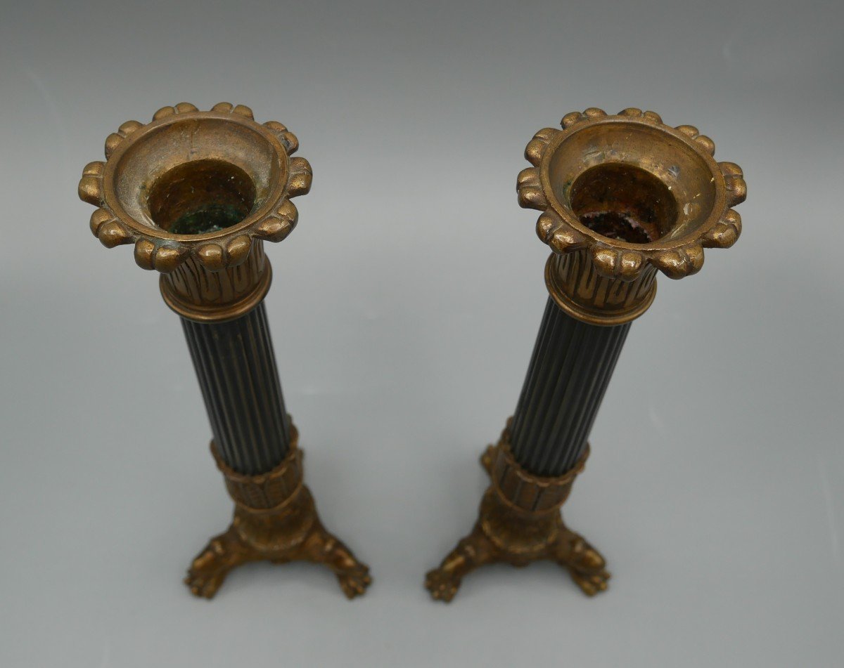 Pair Of Bronze Candlesticks With Two Patinas, Columns, Charles X, Empire, 19th Century-photo-3