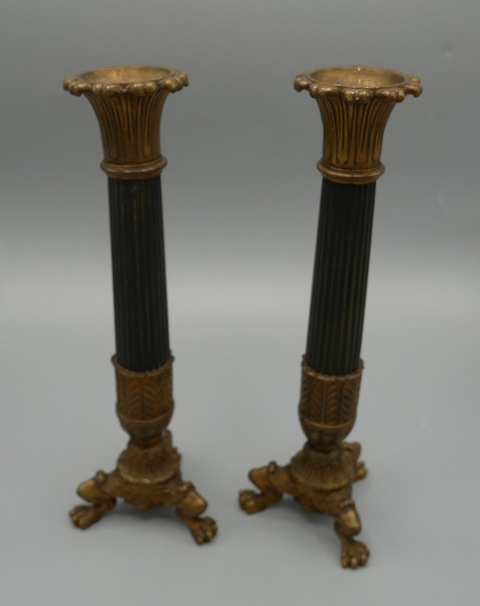 Pair Of Bronze Candlesticks With Two Patinas, Columns, Charles X, Empire, 19th Century-photo-4