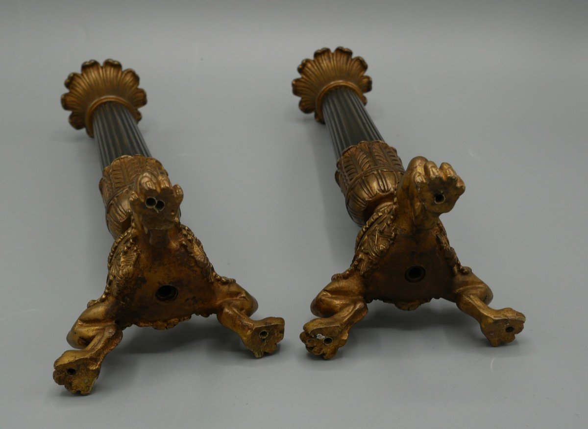 Pair Of Bronze Candlesticks With Two Patinas, Columns, Charles X, Empire, 19th Century-photo-1