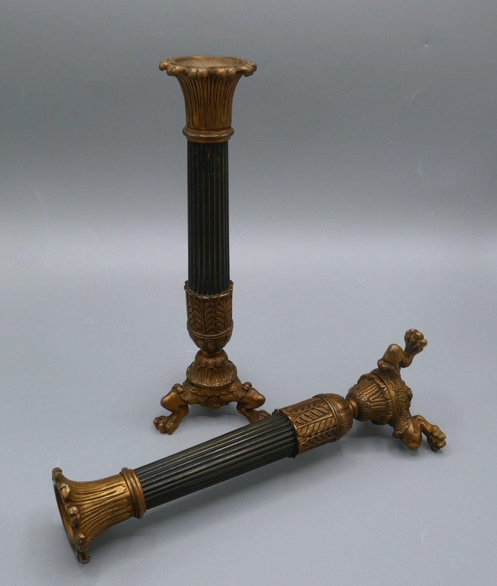 Pair Of Bronze Candlesticks With Two Patinas, Columns, Charles X, Empire, 19th Century