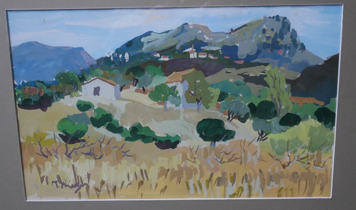 M. Kruger, Vue Du Pays De Colomba, Fozzano, Corse, Gouache Sur Papier, XXème-photo-3