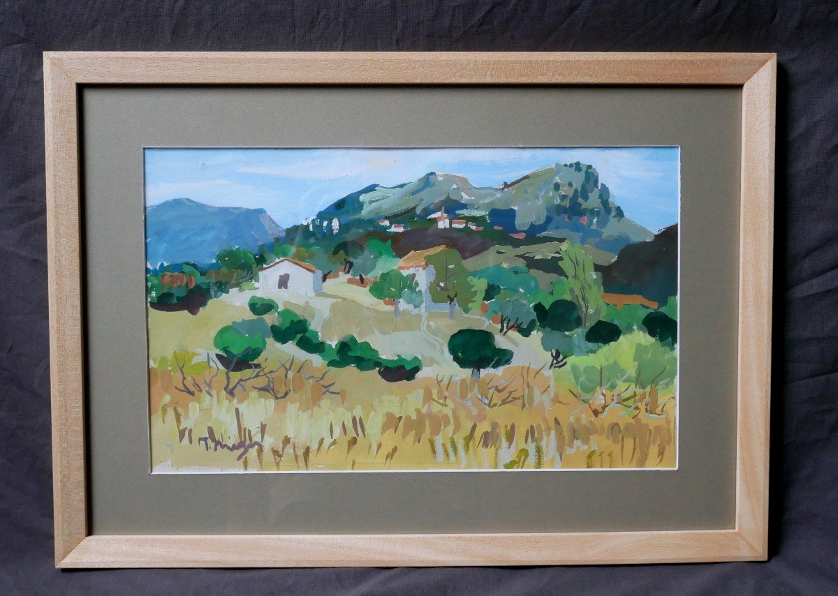 M. Kruger, Vue Du Pays De Colomba, Fozzano, Corse, Gouache Sur Papier, XXème