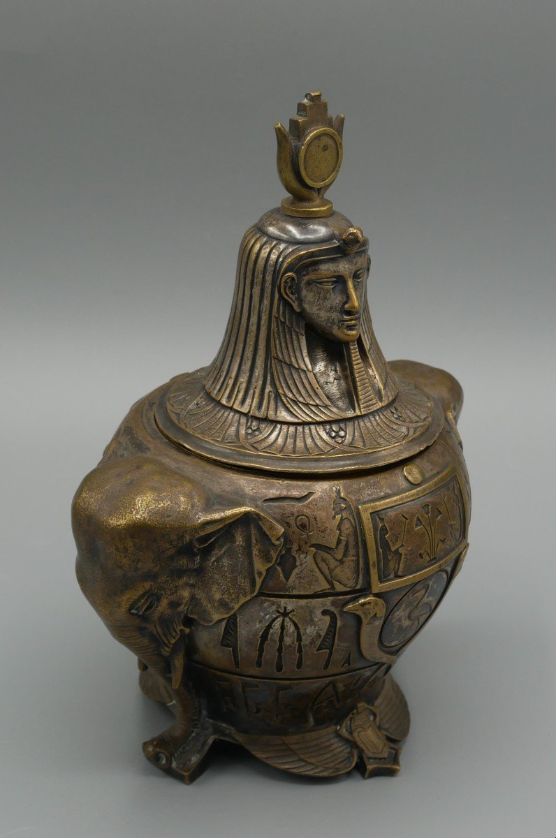 Egyptomania, Bronze Tobacco Jar, In The Shape Of A Canopic Vase, Hieroglyphs, Elephants, 19th Century-photo-2