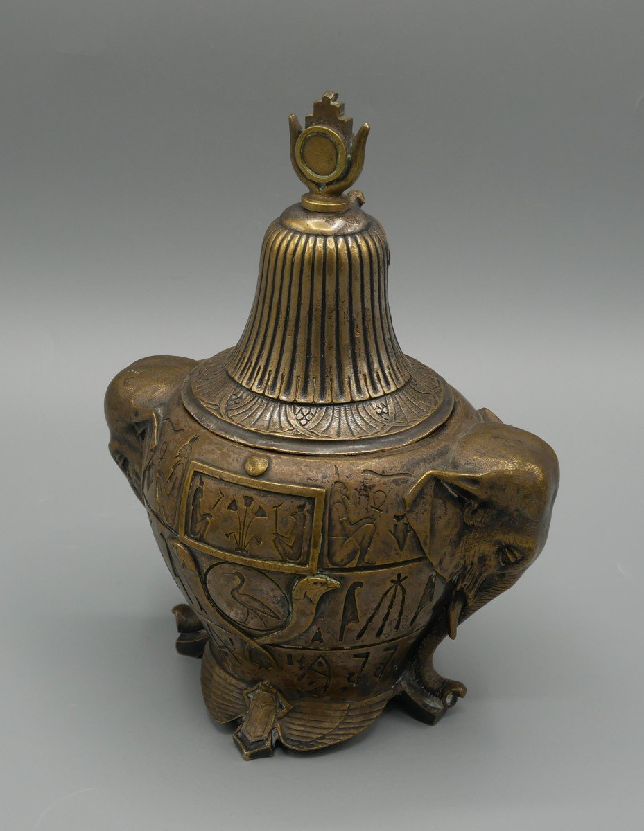 Egyptomania, Bronze Tobacco Jar, In The Shape Of A Canopic Vase, Hieroglyphs, Elephants, 19th Century-photo-3