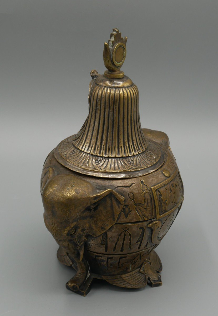 Egyptomania, Bronze Tobacco Jar, In The Shape Of A Canopic Vase, Hieroglyphs, Elephants, 19th Century-photo-4