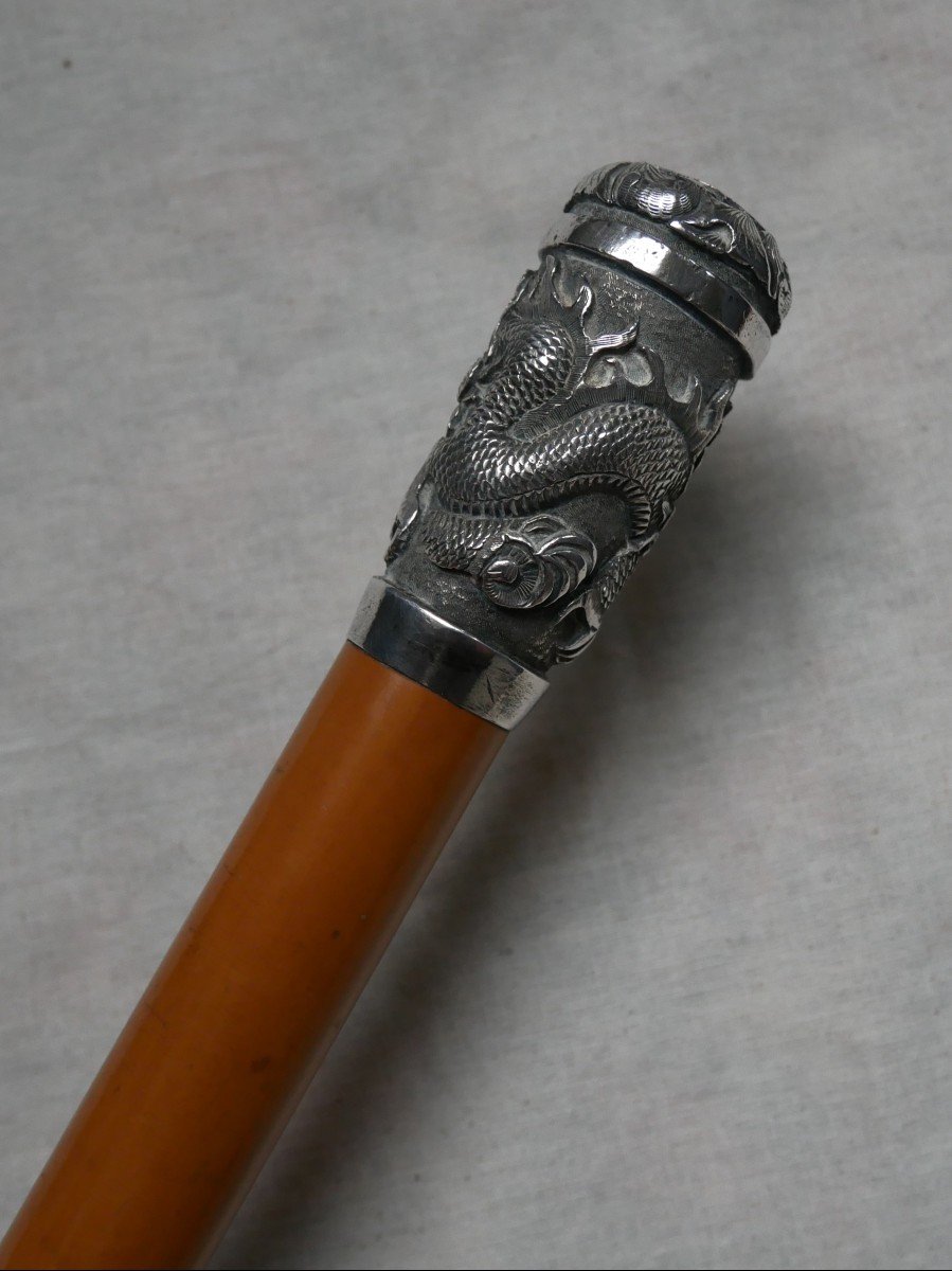 Repoussé Silver Handled Cane, Dragon Decor, China, Indochina, 19th Century-photo-2