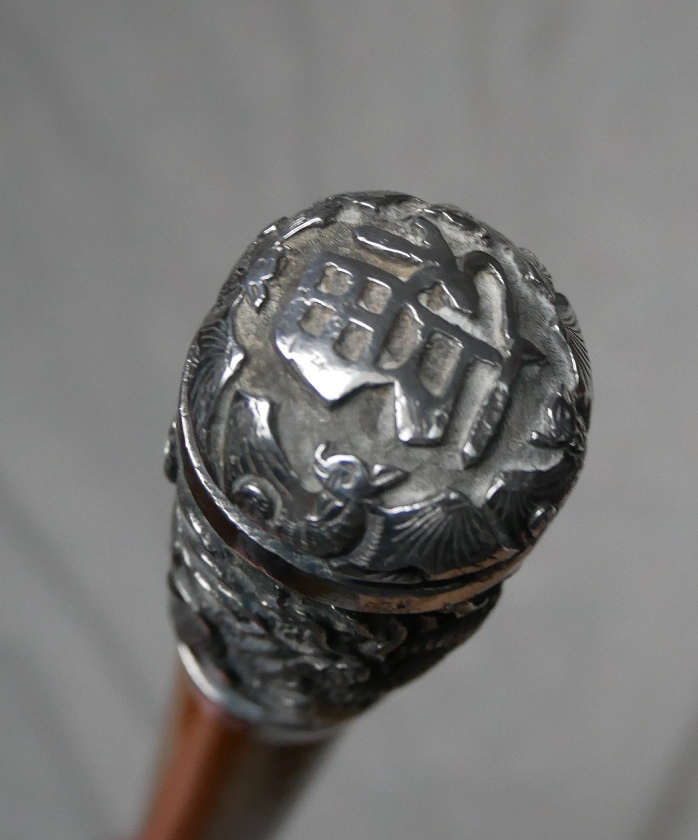 Repoussé Silver Handled Cane, Dragon Decor, China, Indochina, 19th Century-photo-3