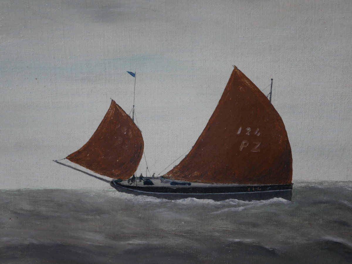 Marine, Oil On Canvas, Two Sailing Ships, Cutter, England, Eg Ball, 1909-photo-2