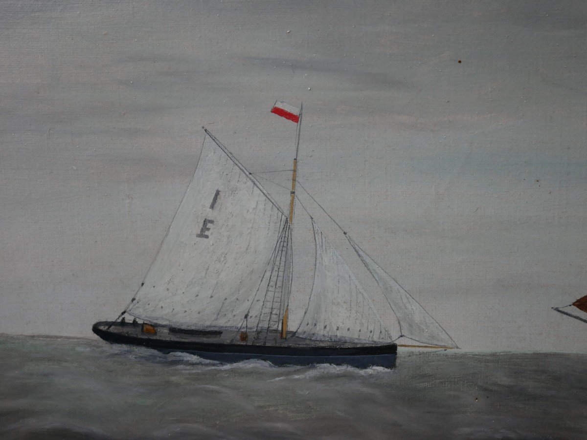 Marine, Oil On Canvas, Two Sailing Ships, Cutter, England, Eg Ball, 1909-photo-3