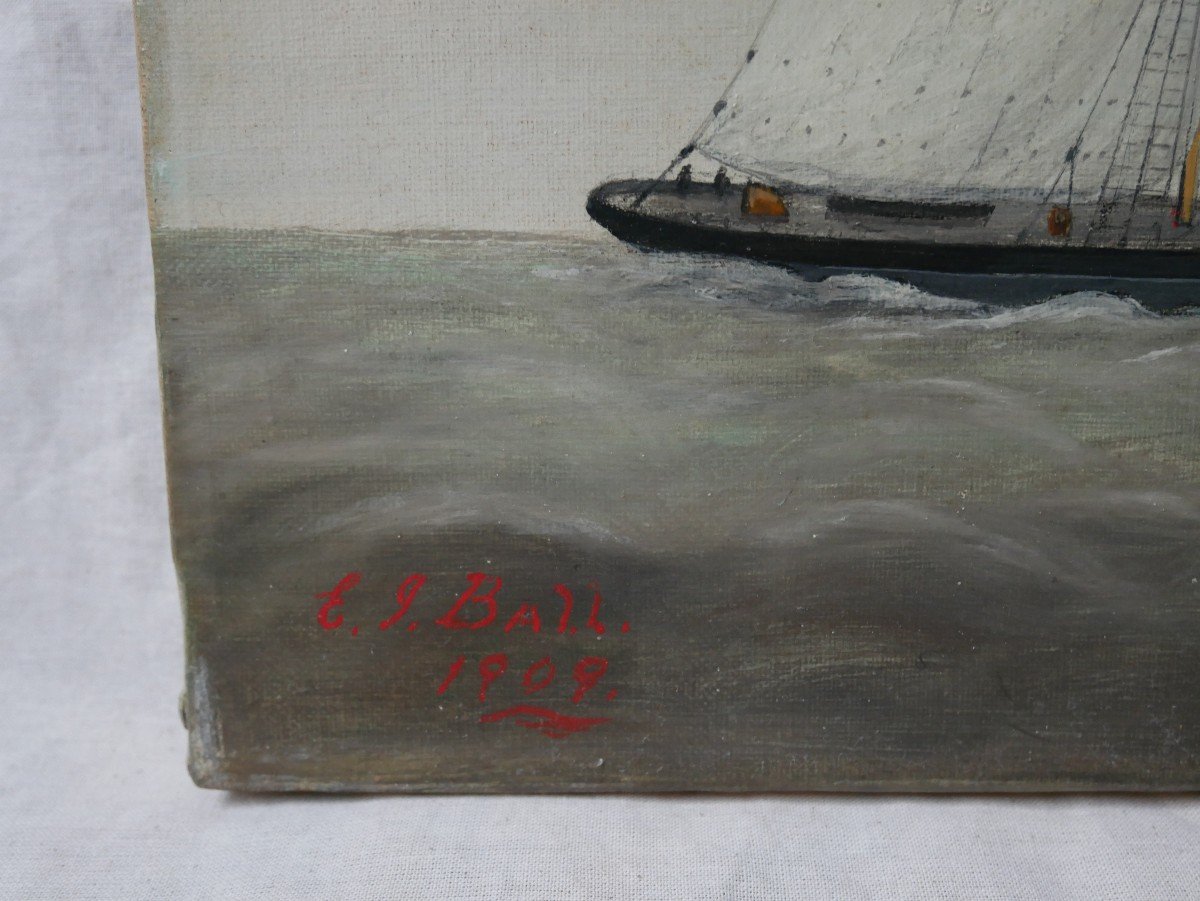 Marine, Oil On Canvas, Two Sailing Ships, Cutter, England, Eg Ball, 1909-photo-4