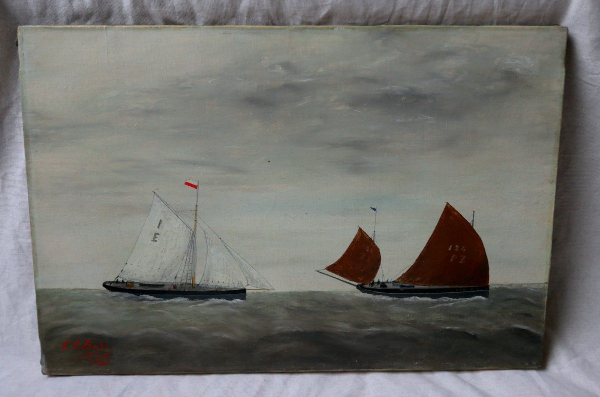 Marine, Oil On Canvas, Two Sailing Ships, Cutter, England, Eg Ball, 1909