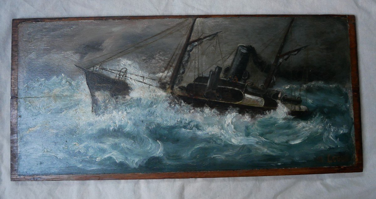 Marine, Oil On Panel, Ship In The Storm, Ex Voto, Signed, 1900-photo-2