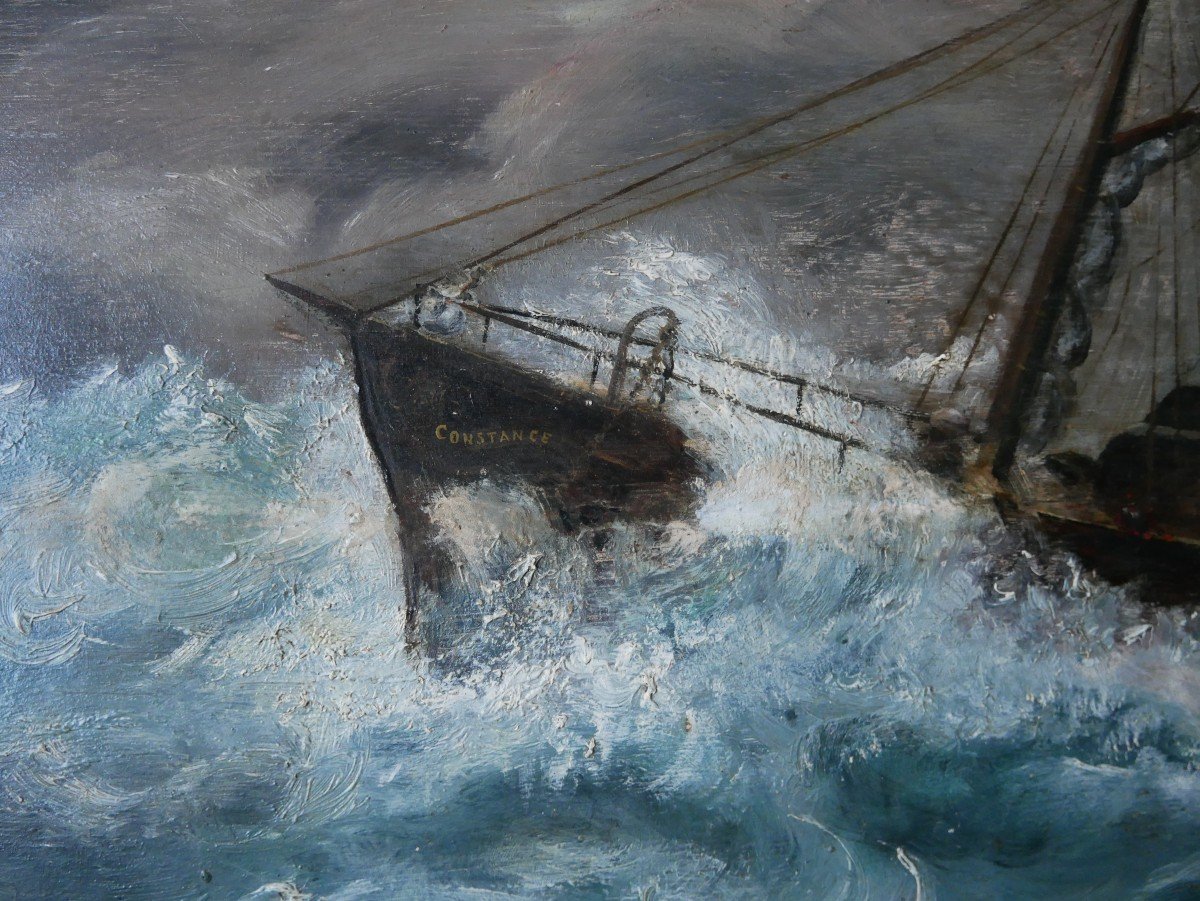 Marine, Oil On Panel, Ship In The Storm, Ex Voto, Signed, 1900-photo-1