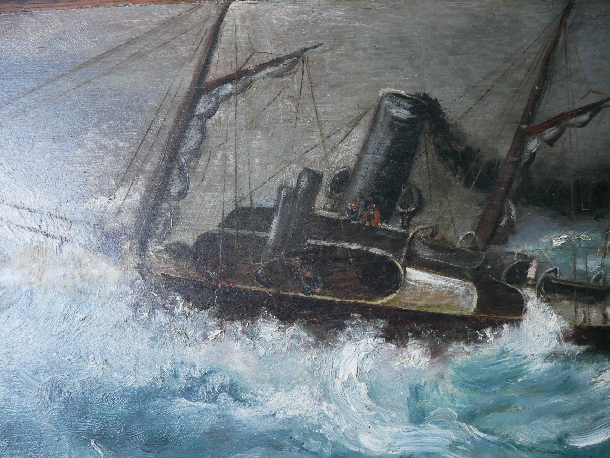 Marine, Oil On Panel, Ship In The Storm, Ex Voto, Signed, 1900-photo-2