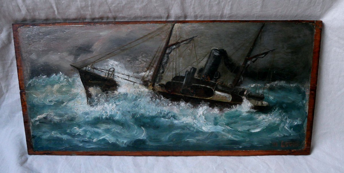 Marine, Oil On Panel, Ship In The Storm, Ex Voto, Signed, 1900