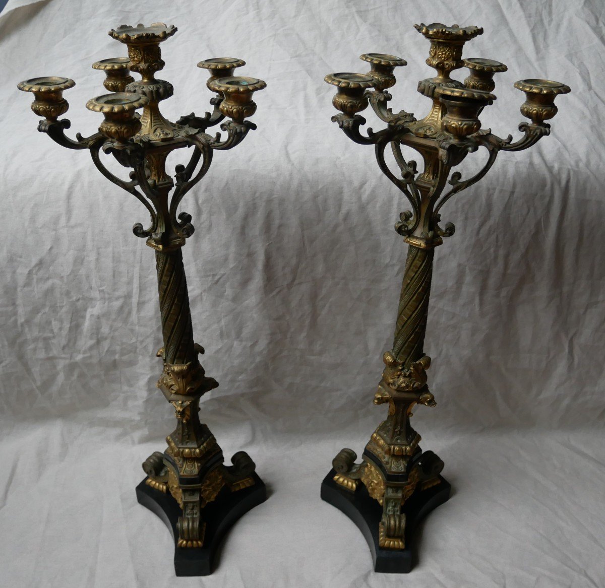 Pair Of Neo-gothic Bronze Candlesticks With Two Patinas, 6-light Candelabra, 19th Century-photo-2