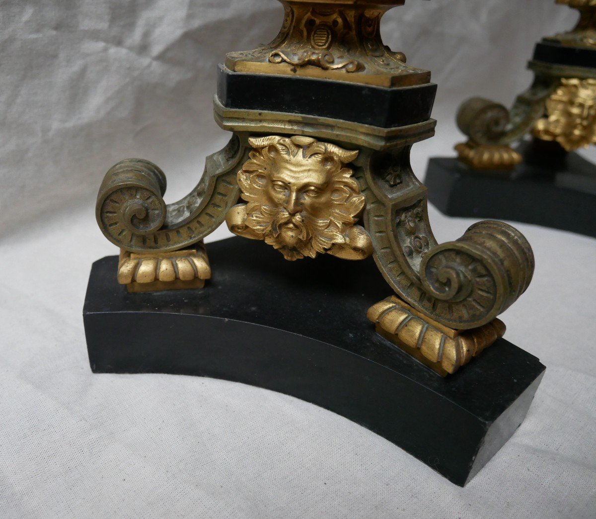 Pair Of Neo-gothic Bronze Candlesticks With Two Patinas, 6-light Candelabra, 19th Century-photo-3