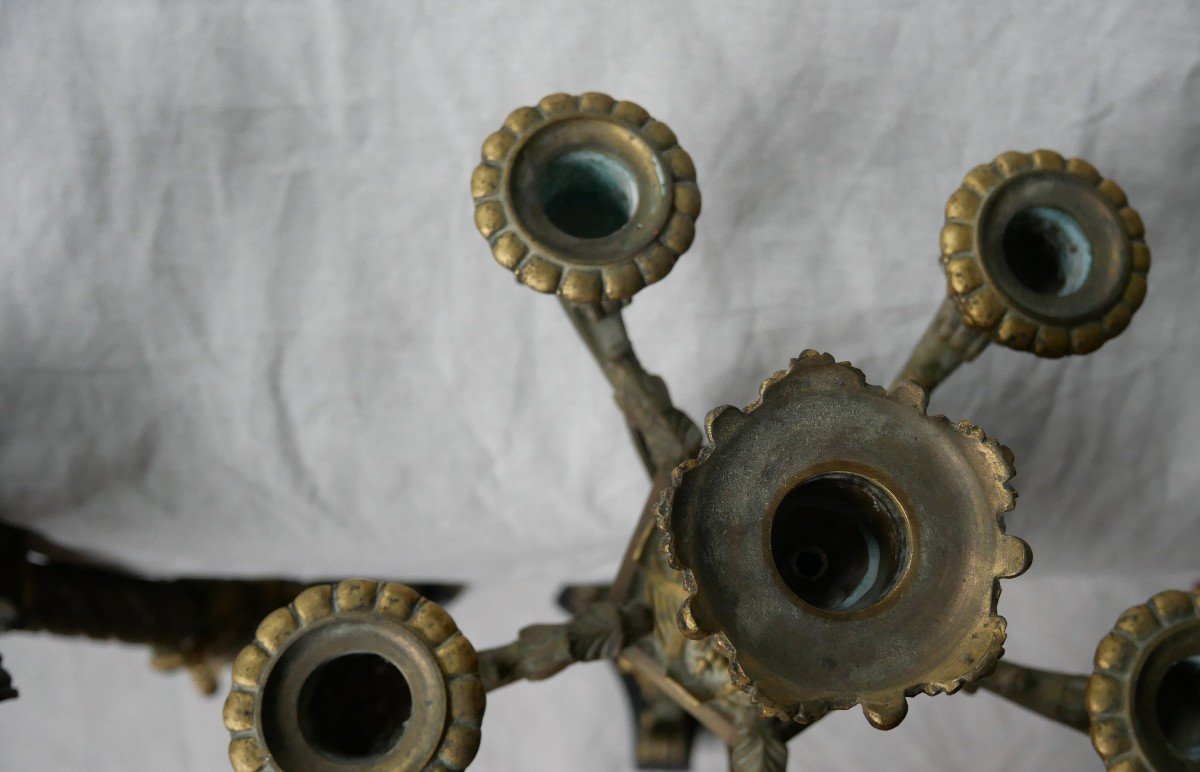 Pair Of Neo-gothic Bronze Candlesticks With Two Patinas, 6-light Candelabra, 19th Century-photo-4