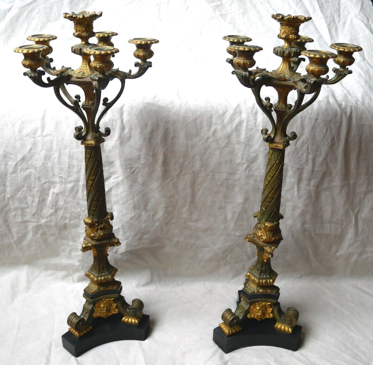 Pair Of Neo-gothic Bronze Candlesticks With Two Patinas, 6-light Candelabra, 19th Century