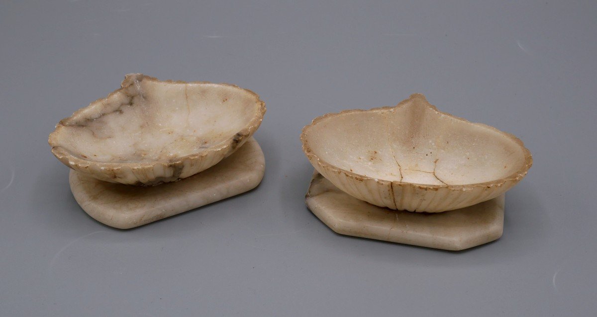 Pair Of Carved Stone Bowls, Shell Shape, Seashell, 19th Century