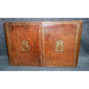 Porte-documents, Sous-main Louis XV En Cuir Doré Aux Petits Fers, Armoiries, XVIIIème Siècle