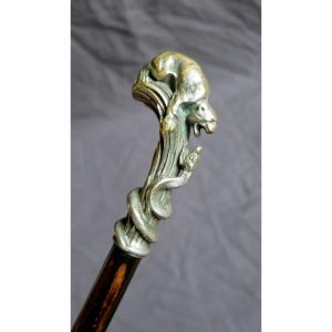 Cane With Bronze Handle, Fawn And Snake, Defense Cane, Dandy, 19th Century