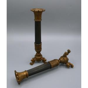 Pair Of Bronze Candlesticks With Two Patinas, Columns, Charles X, Empire, 19th Century