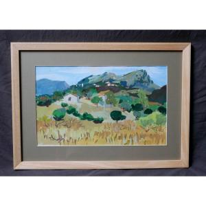 M. Kruger, Vue Du Pays De Colomba, Fozzano, Corse, Gouache Sur Papier, XXème