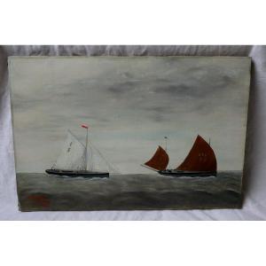 Marine, Oil On Canvas, Two Sailing Ships, Cutter, England, Eg Ball, 1909