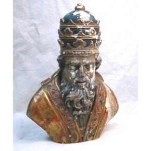 Gilded Carved Wooden Bust Of Saint, Bishop, Saint Cornely, 18th Century