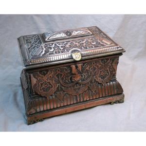 Silver-plated Metal Jewelry Box, Monogrammed, Repoussé Decor, 19th Century