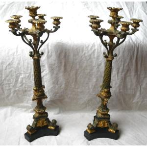 Pair Of Neo-gothic Bronze Candlesticks With Two Patinas, 6-light Candelabra, 19th Century