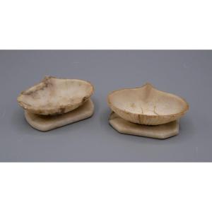 Pair Of Carved Stone Bowls, Shell Shape, Seashell, 19th Century