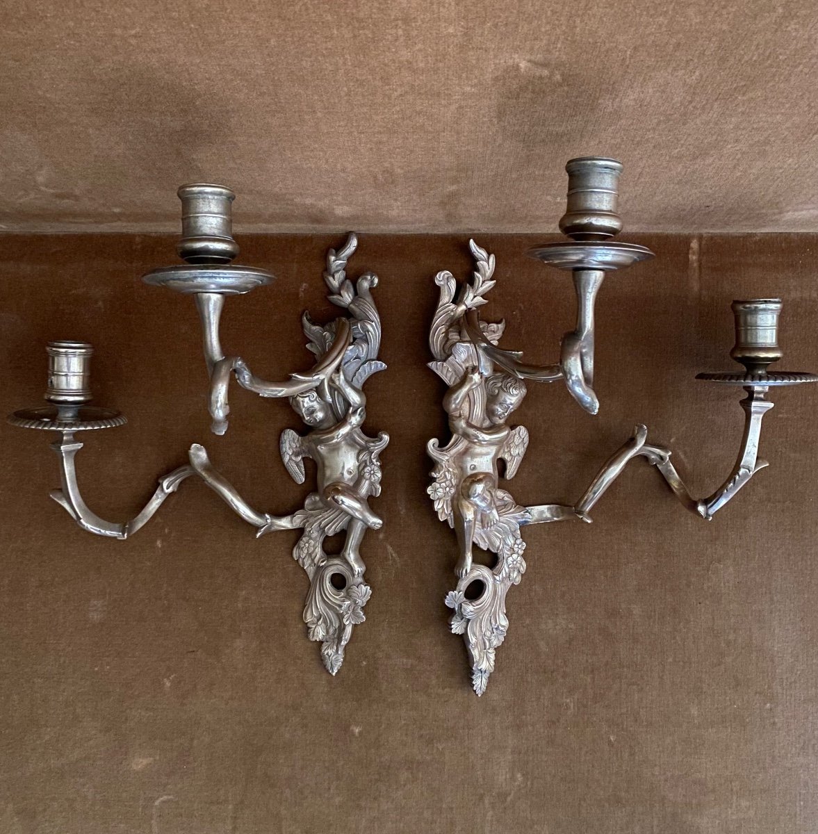 Pair Of Bronze Sconces With Cherubs, Regency Period-photo-2