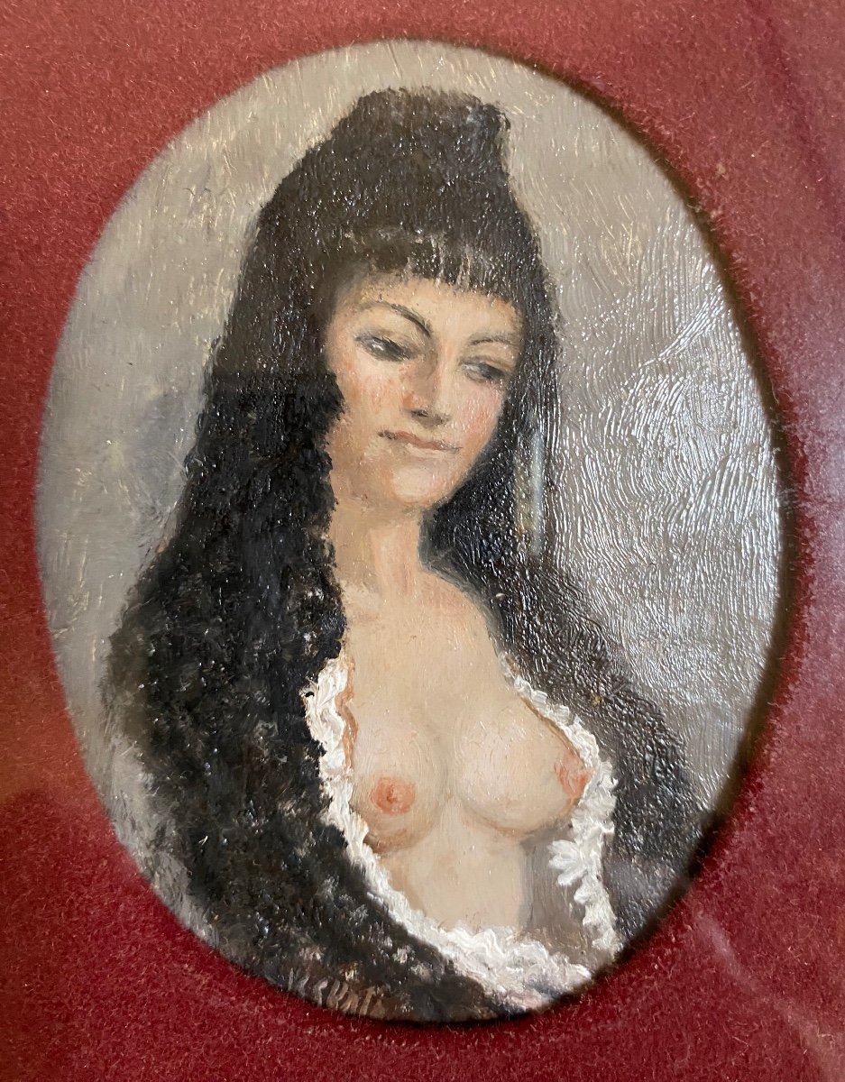 Miniature Erotique Signée De Karel Skala, Femme A La Mantille, Epoque XXème