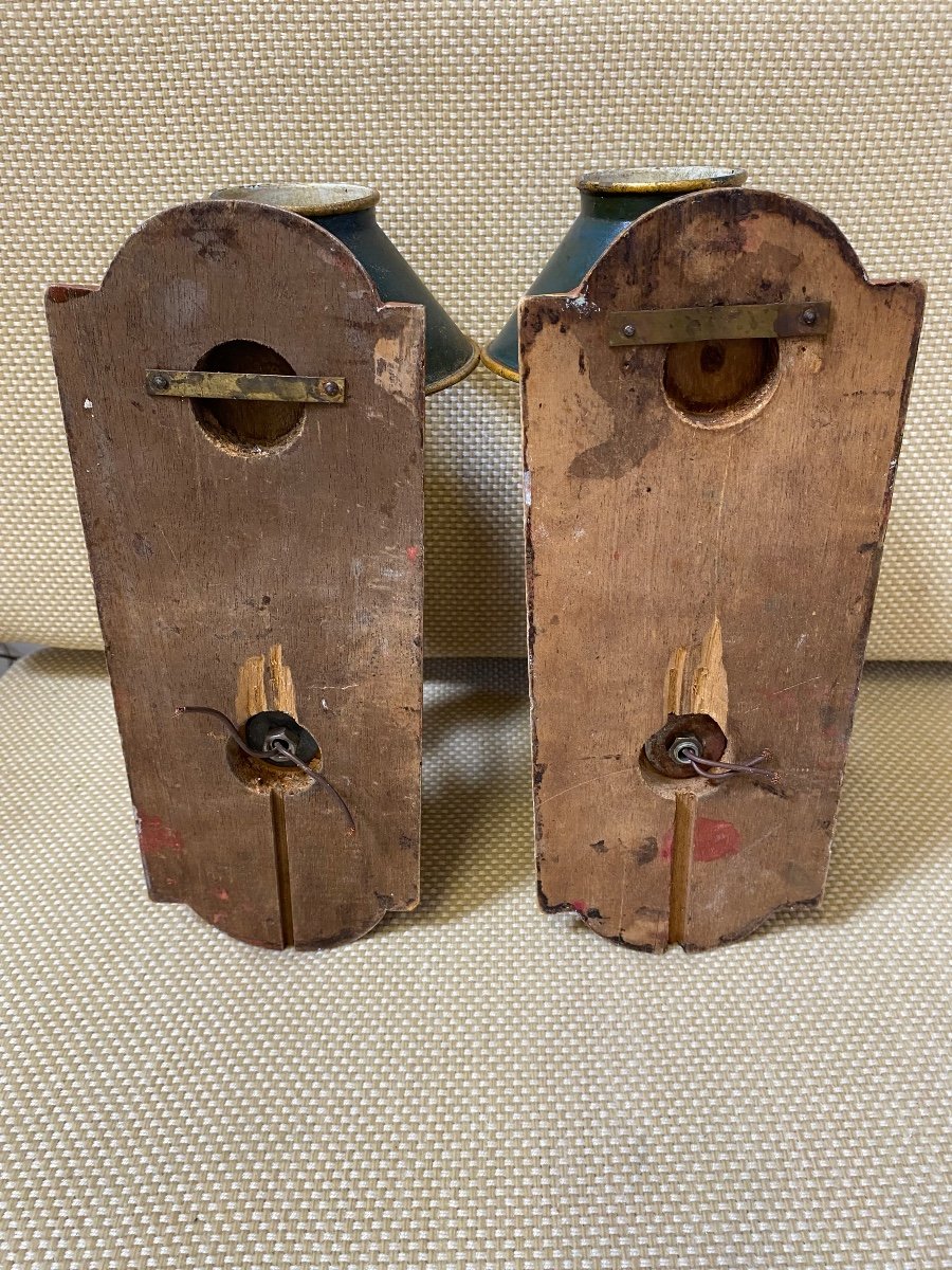 Pair Of Painted Sheet Metal Sconces A Quinquet, 19th Century-photo-2