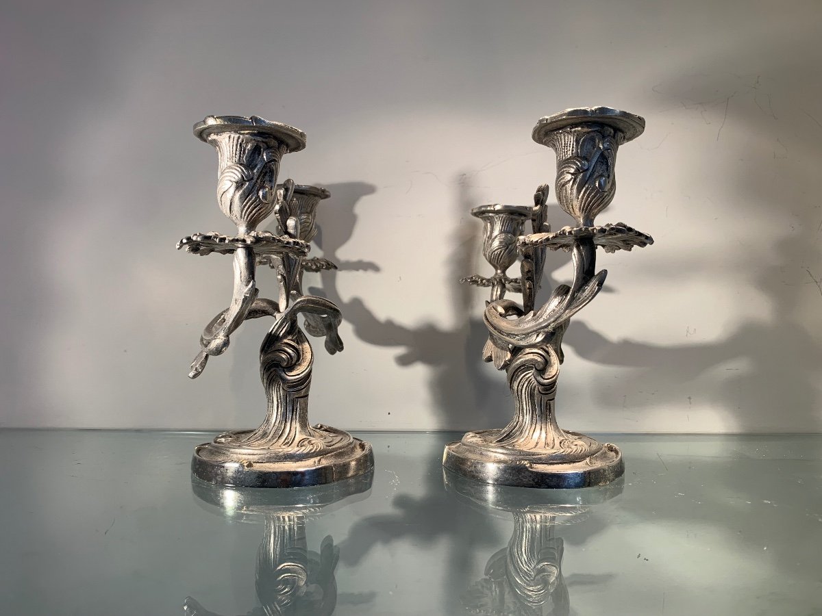 Pair Of Louis XV Style Silver Bronze Candlesticks, Late 19th Century-photo-3