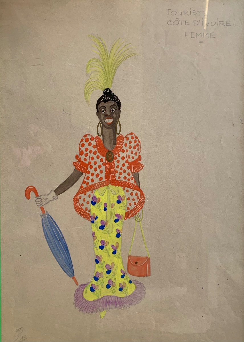 Deux Gouaches Humoristiques "Touristes Côte d'Ivoire", Années 1930-photo-4