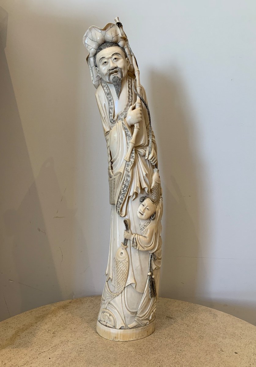 Grande Statue Pêcheur Et Enfant, Chine, Epoque Fin XIXeme/Début XXeme